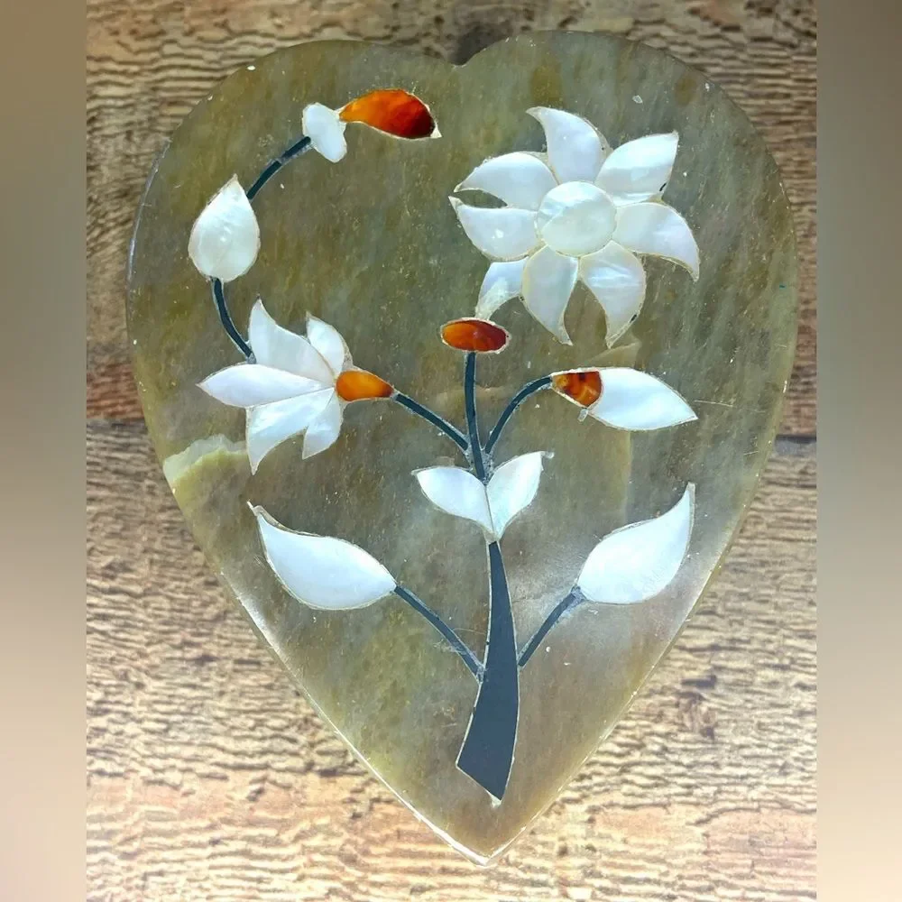 Mother-of-Pearl Abalone Inlay SoapStone Heart Trinket Box / Dish Vintage